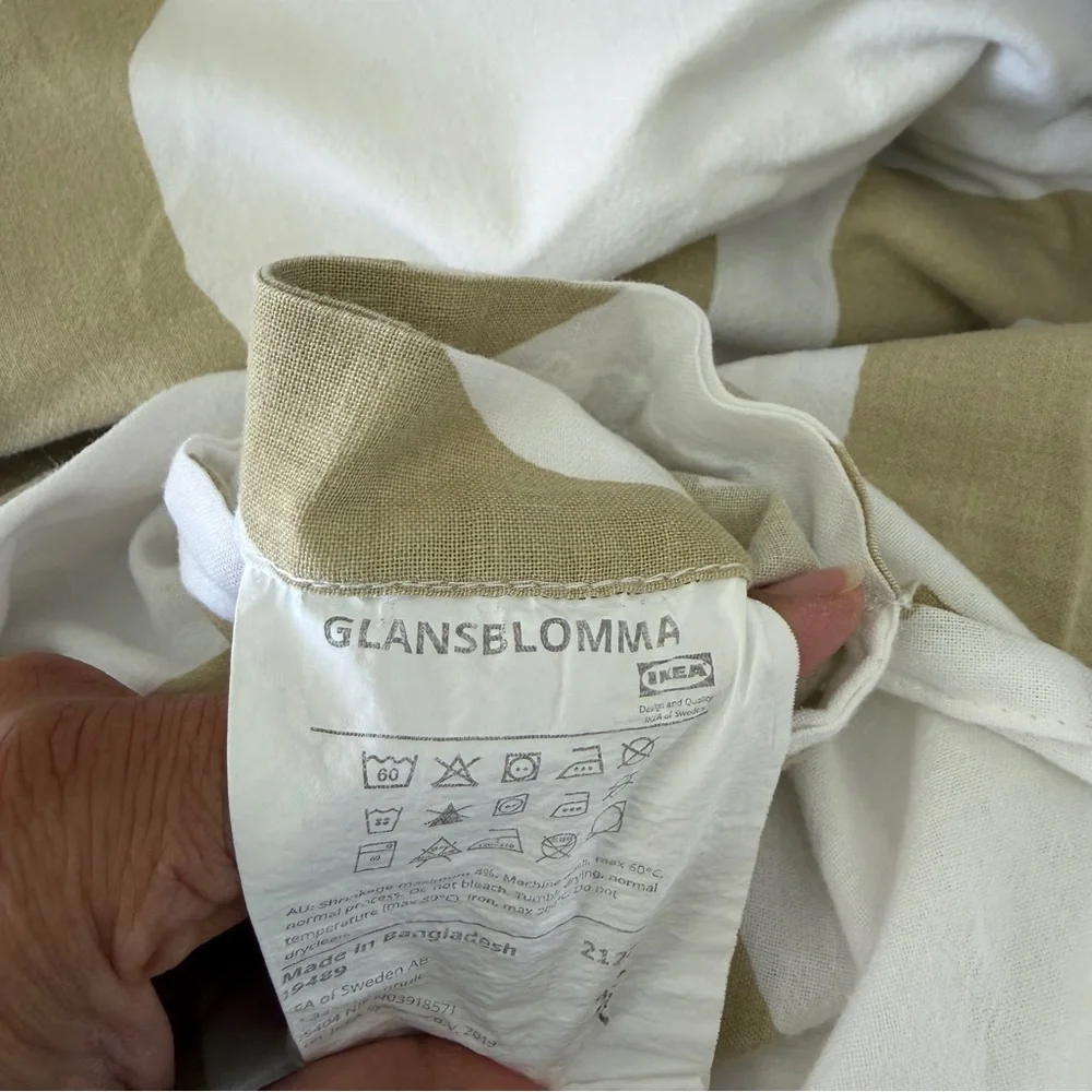 Ikea Glansblomma KING Sz White Beige Green Abstract Print Duvet Cover & 2 Shams